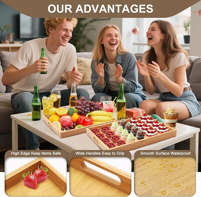 Bamboo Serving Tray for Bed Decorative Couch Tray Coffee Table Food Trays with Handles for Breakfast Dinner Restaurants Party or Home Decor Outdoor Scenarios 2 Packs