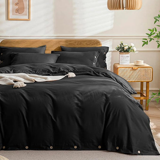 JELLYMONI Cotton Duvet Cover Full Size - Pure Black Comforter Cover with Button 100% Washed Cotton 3PCS Breathable Soft Solid Bedding Set Duvet Cover 80×90in & 2 Pillowcases (NO Comforter)