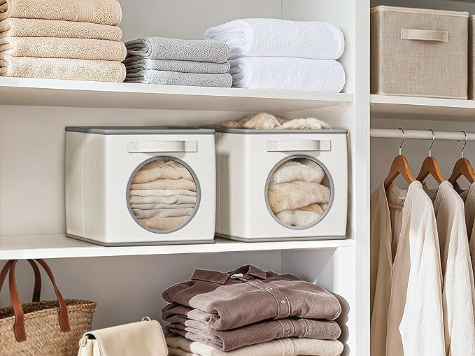 Vailando Foldable Fabric Storage Cube with Round Window - 4 Pack 11"x11"x11" Collapsible Closet Organizer Bins for Clothes, Shelves, Offices, Laundry & Misc, White & Ivory