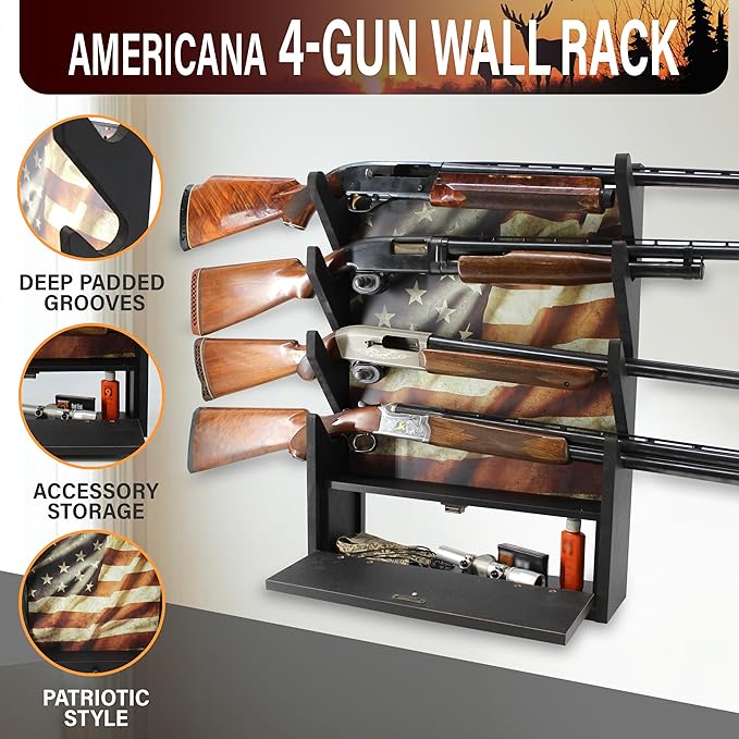 Rush Creek Creations, Gun Rack for Wall, Storage for 4 Guns, Rifles or Shotguns, American Flag Gun Rack Display, Wall Mount, Additional Storage for Gun Accessories