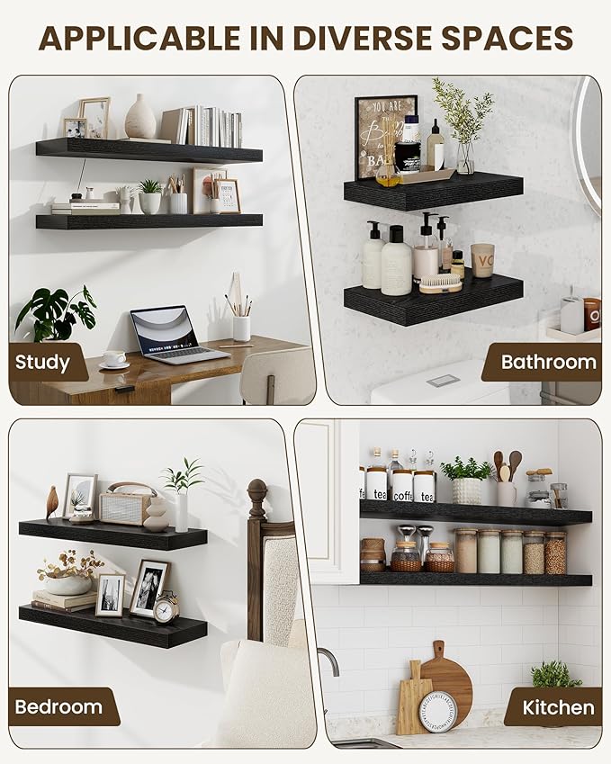 Marsmiles 48" Floating Shelves for Wall, Wooden Shelves with Invisible Brackets Set of 2, Rustic Farmhouse Wall Mounted Shelf for Kitchen Bathroom Living Room Study, Black