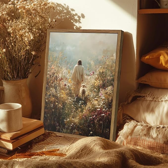 Jesus Leaves the 99 Sheep Wall Art, Jesus and Lamb Canvas Pictures, Lost Lamb Wall Decor Paintings Christian Bible Posters Prints Artwork for Living Room Prayer Room Bedroom 16x24 Inch Wood Framed