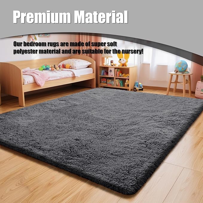Shag Area Rug for Bedroom 5x8,Deep Grey Fluffy Area Rugs for Living Room,Soft Fuzzy Rug Non-Shedding Indoor Plush Carpet for Kids Bedroom Nursery Dorm Home Decor