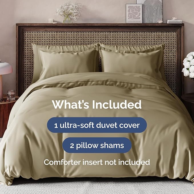 CGK Unlimited Duvet Cover Cal King Size Set - Extra Soft Cal King Size Duvet Cover 104 x 98 with 2 Pillow Shams - Hotel Quality w/Zipper Closures & Ties - Bedding and Bed Linens Set (Khaki)
