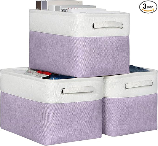 Kntiwiwo Foldable Storage Bin Collapsible Fabric Storage Basket Cube with Durable Handles Closet Organizer Bins for Organizing Shelves Drawers, Set of 3, 15" x 10" x 9.5", Purple
