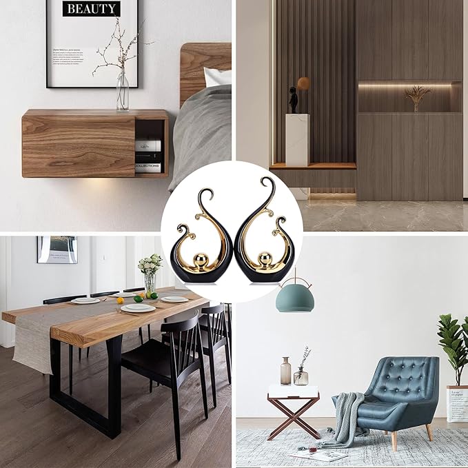 DOVDOV Abstract Ceramic Black Statue 2 Piece Set, Modern Art Black Gold Home Decor, Unique Home Decor, Coffee Table Bookshelf Room Shelf Coffee Table Console TV Stand Decor and Accessories.