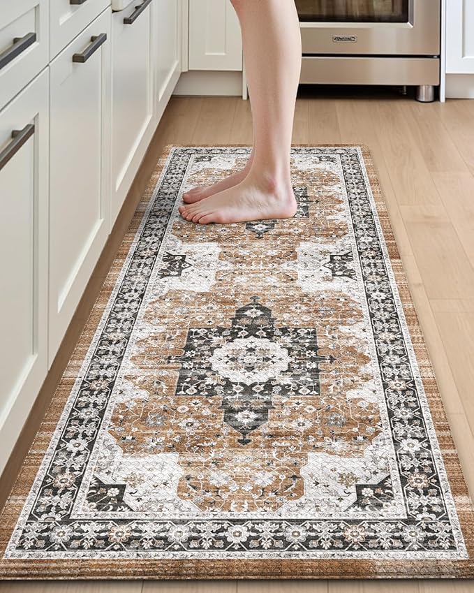 DEXI Kitchen Floor Mats Cushioned Anti Fatigue, 23x59 Long Wide Standing Comfort Runner Rug, Waterproof Retro Floral Memory Foam Padded for Front Sink Laundry, Brown/White