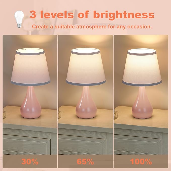 17.3'' Modern Dimmable Touch Lamps for Nightstand 2pcs, Table Lamps for Living Room, Reading Desk Lamp for Office, Bedside Lamps with Iron Base, Small Lamp for Bedroom, Bulb Included, Pink
