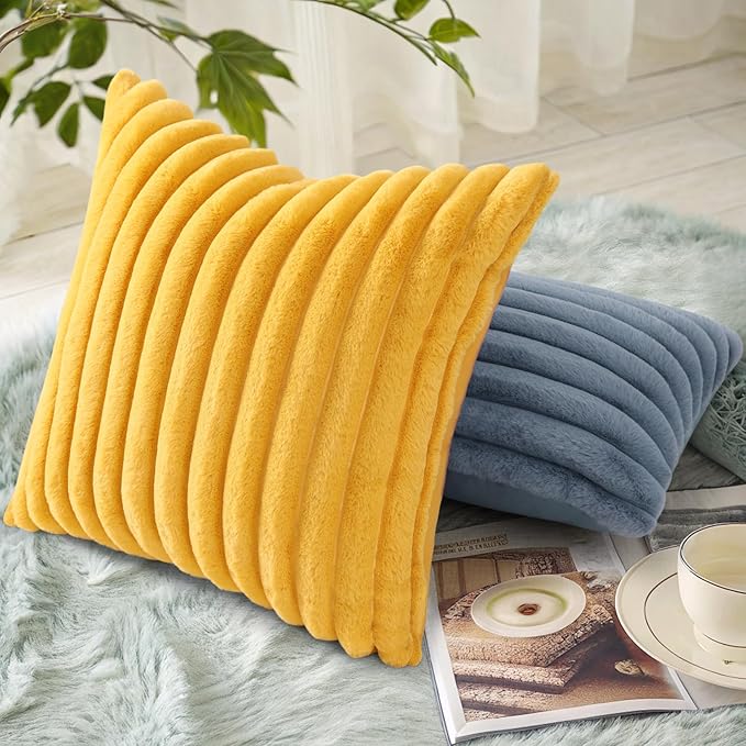 decorUhome Faux Fur Spring Throw Pillow Covers 26x26 Set of 2, Decorative Soft Plush Striped Neutral Couch Euro Sham Pillow Covers with Velvet Back for Sofa, Bed, Living Room Home, Mustard Yellow