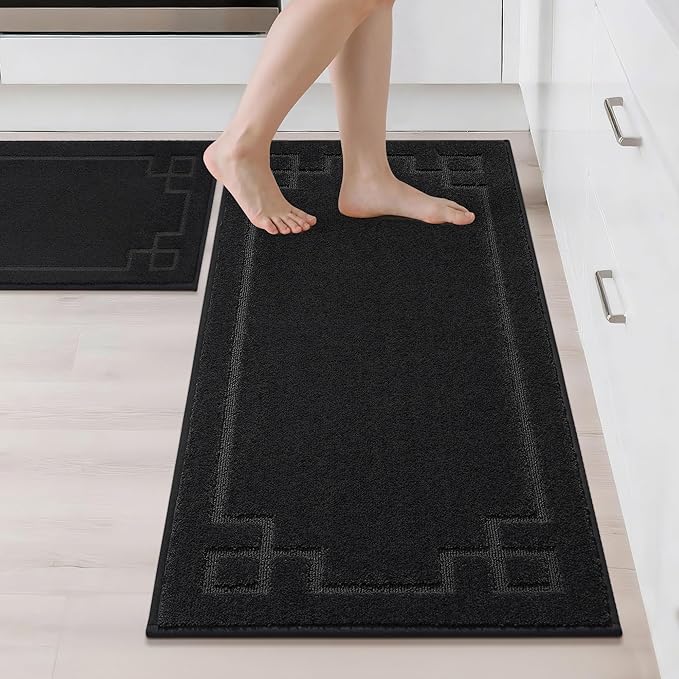 BEQHAUSE Kitchen Rugs Non-Slip Washable [2 PCS], Machine Washable Kitchen Mats Absorbent Soft Kitchen Runner Rugs for Floor,Sink,Hallway,Laundry,20”x32”+20”x48”, Black
