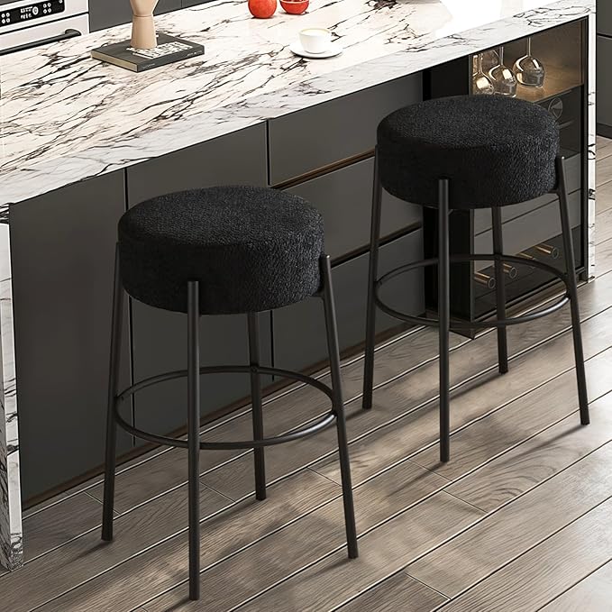 SoarFlash Modern Rotatable Bar Stools Set of 2, 30" Sherpa Swivel Counter Height Stools with Round Soft Padded Boucle Backless Seat, Black