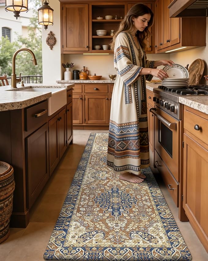 DEXI Kitchen Mats for Floor Cushioned, 23x35+23x59 Extra Large Runner Rug Non Slip, Waterproof Soft Comfort Standing Padded Anti Fatigue Decorative Set of 2, Brown Beige