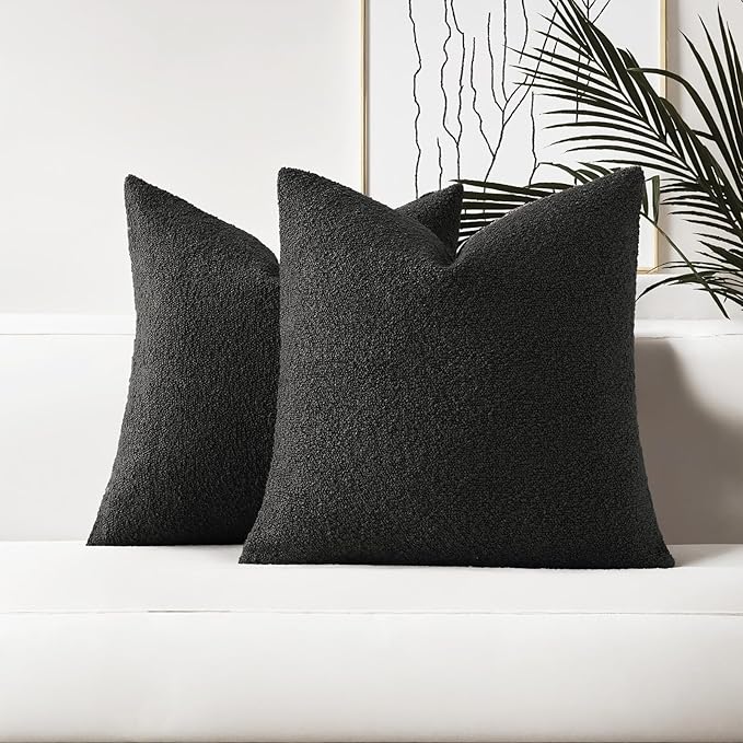 HAUSSY Set of 2 20x20 Decorative Throw Pillow Covers, Soft Cozy Textured Boucle Couch Cases, Home Decor for Couch Bed Living Room, Black
