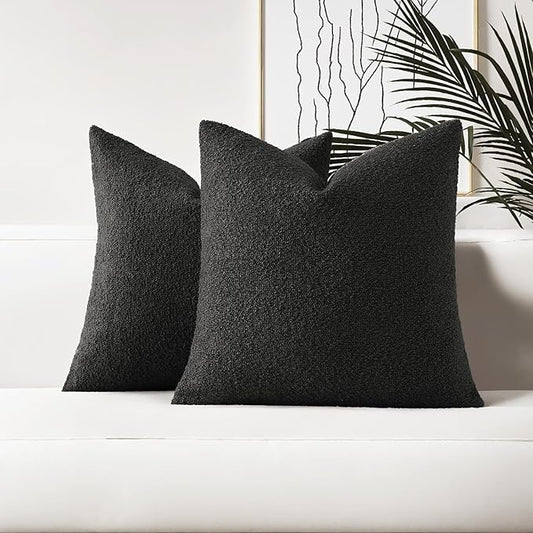 HAUSSY Set of 2 20x20 Decorative Throw Pillow Covers, Soft Cozy Textured Boucle Couch Cases, Home Decor for Couch Bed Living Room, Black