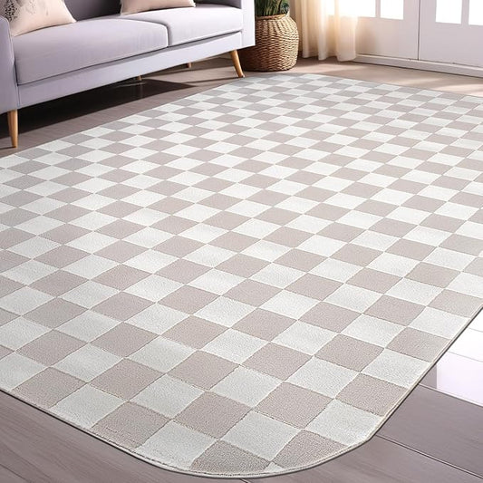 Beverly Rug Modern Geometric Area Rug 4x6 Low-High Pile Durable Soft Abstract Checkered Indoor Rugs for Living Dining Room Office Stain Resistant Non Shedding Casual Indoor Carpet Beige White 4 x 6