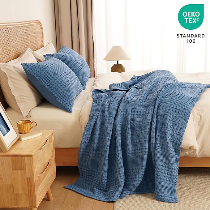 PHF 100% Cotton Waffle Weave Throw Blanket, Soft Lightweight Breathable Cozy Throws for Couch Bed Sofa, 300 GSM Luxury Aesthetic Blanket Gift for Home Decor & Office, 50"x60", Denim Blue