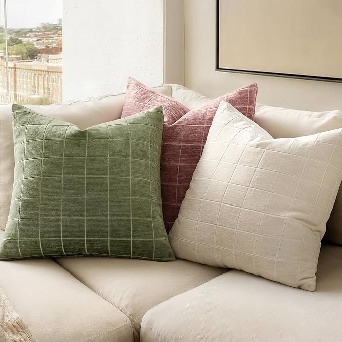 MIULEE Decorative Chenille Check Throw Pillow Covers Vintage Plaid Couch Pillows 20x20 Inch Set of 2 Neutral Boho Farmhouse Cushion Covers Modern Spring Decor for Sofa Bed Living Room Grass Green