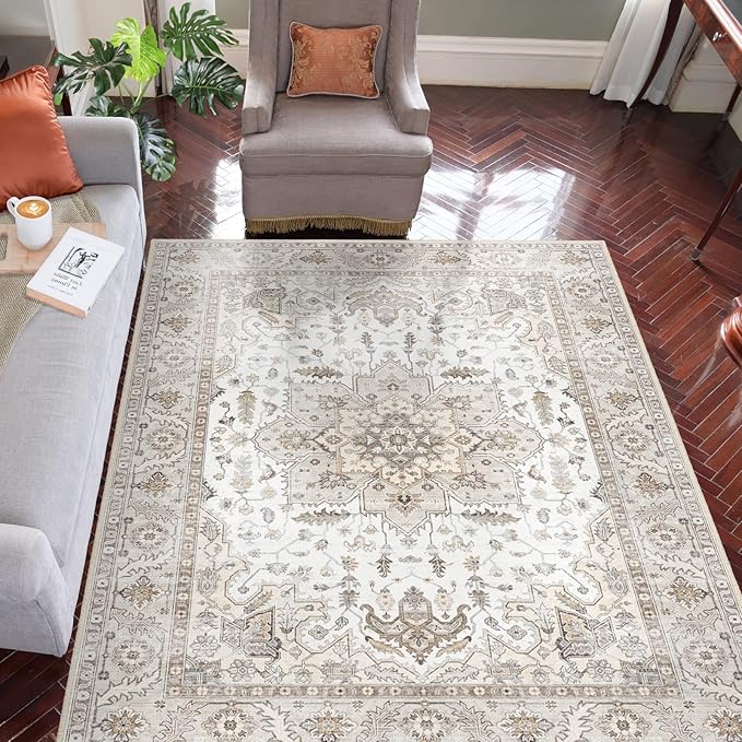 Fortsea Area Rug 5x7, Machine Washable Rugs for Bedroom, Large Non Slip Persian Rug for Bedroom Living Room Kitchen Entryway Bathroom Office Carpet Brown…