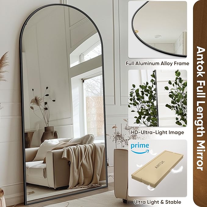 Antok Full Length Mirror, 71"x26" Floor Mirror with Stand, Hanging Mounted Mirrors for Bedroom, Living Room, Cloakroom, Dining Room, Black, Arched