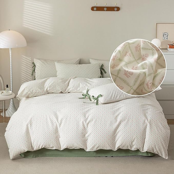 Pink Flower Duvet Cover Queen Green Plaid Grid Duvet Cover 100% Cotton Floral Cottagecore Bedding Set Queen with 2 Bow Ties Pillowcases Vintage Aesthetic Girls Comforter Cover with Zipper Closure