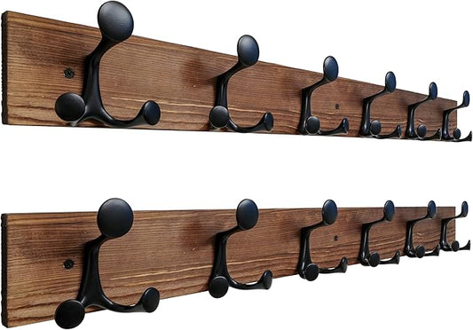 SKOLOO 36-Inch Wood Coat Rack Wall Mount with 6 Triple Hooks - Ideal for Family Entrances, Classrooms, and Pet Supplies Storage - Perfect Coat Hooks for Wall,Charred Golden Brown, Pack of 2