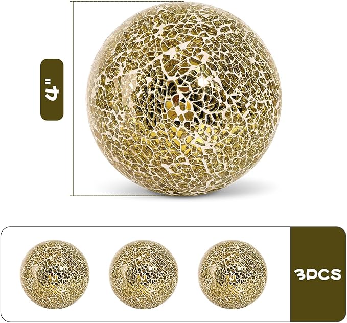 DomeStar 3PCS Decorative Balls, 4inch Mosaic Glass Orbs Centerpiece Balls Gold Orbs for Decorate Bowls Vases Tables Wedding Party