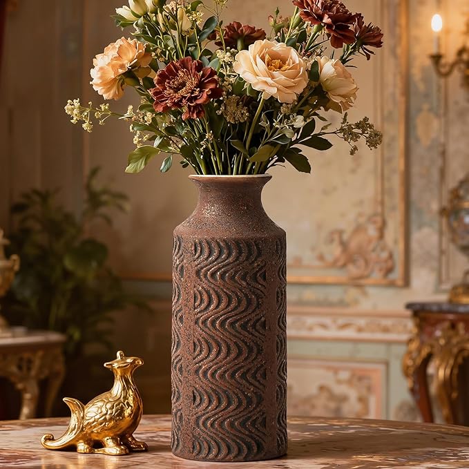 Rustic Vase - Ceramic Decorative Vases - 11 in Tall Vintage Bud vase - Flower Vases for Home Decor - Chirstmas vases - Tabletop Red Vases for Centerpieces - Vintage Style Farmhouse Vase by Lyeec