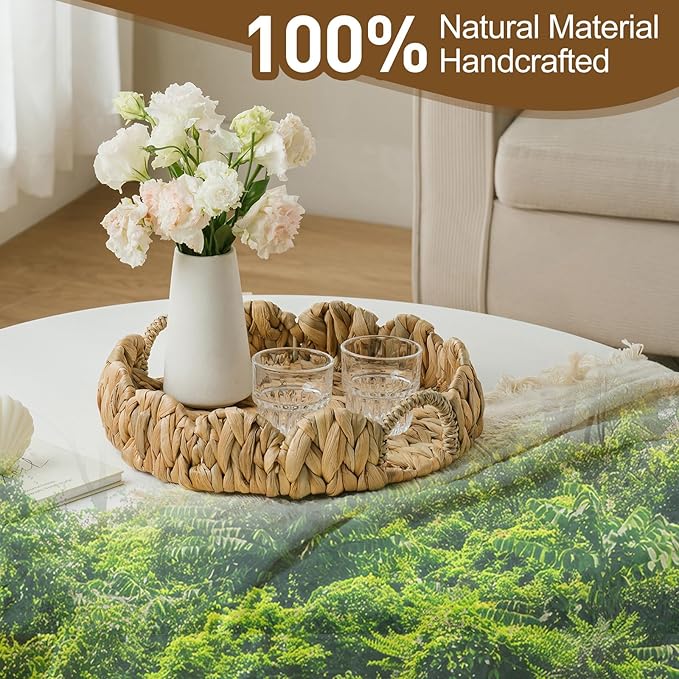 Round Wicker Scalloped Serving Tray with Handles - Seagrass Handwoven Trays,Water Hyacinth Tray for Home Decor and Living Room, Dining Table, Bathroom Organizing, 13" L x 13" W x 3.5" H