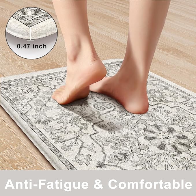 KIMODE Kitchen Mats for Floor Anti Fatigue, Boho Vintage Kitchen Rugs, Cushioned Kitchen Floor Mats, Comfort Standing Mat, Padded Kitchen Floor Mat for Sink Laundry Office Desk 20"x71"+20"x32" Grey