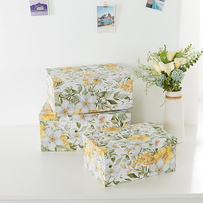 Soul & Lane Garden Glory Decorative Boxes with Lids - Set of 3: Floral Photo Storage, Stackable Small Home Decor Boxes, Nesting Gift Cartons, Boho Print Mache Containers, Cardboard Document Storage
