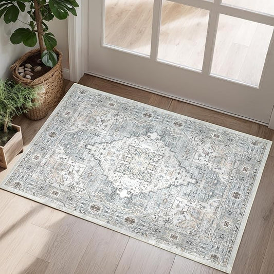 Dotiiorug Washable 2×3 Area Rug for Living Room, Vintage Floral Rug Soft Non Slip Stain Resistant Boho Carpet for Bedroom Dinning Room Kitchen Home Office Blue-Multi