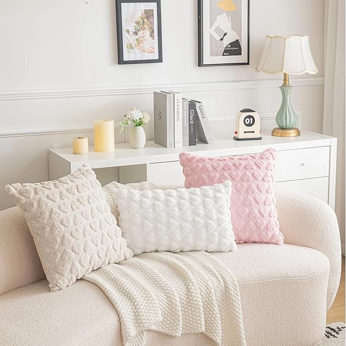 AQOTHES Set of 2 Heart Love Cute White Decorative Valentines Throw Pillow Covers 12x20, Soft Plush Faux Fur Pillow Covers for Couch Sofa Home Valentines Day Decoration