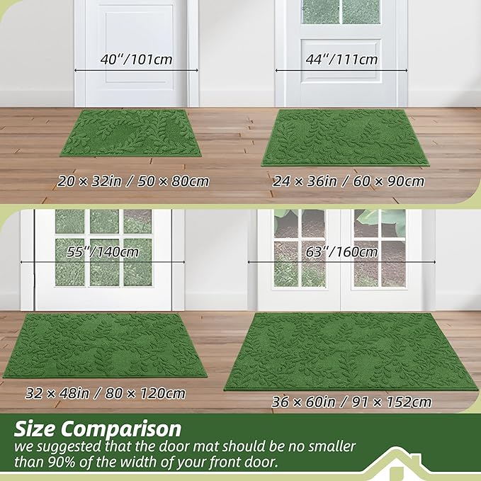 BEQHAUSE Dirt Trapper Door Mats 24”x36”, Non-Slip TPR Backing Dog Doormat, Super Absorbent Welcome Mat for Front Door, Muddy Shoes & Paws, Washable Entry Rugs, Green