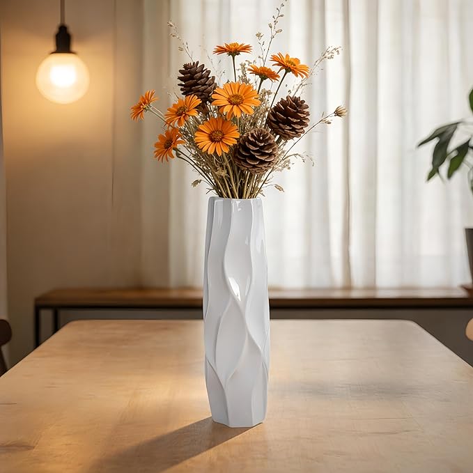 12 Inch White Vase Ceramic Flower Vase, Tall Vases for Pampas Grass, Home Decor, Modern Textured Vases for Living Room Decorations,Table Centerpieces,Shelf,Farmhouse Small Ceramic Vase