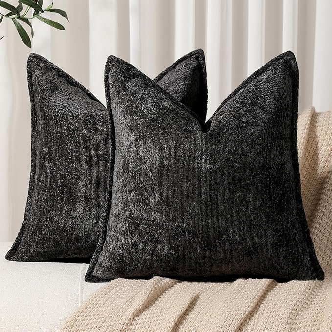 DEZENE Pack of 2 Black Decorative Throw Pillow Covers 24x24 Cozy Soft Chenille Accent Vintage Square Couch Pillow Covers for Home Decor Bed Sofa Living Room