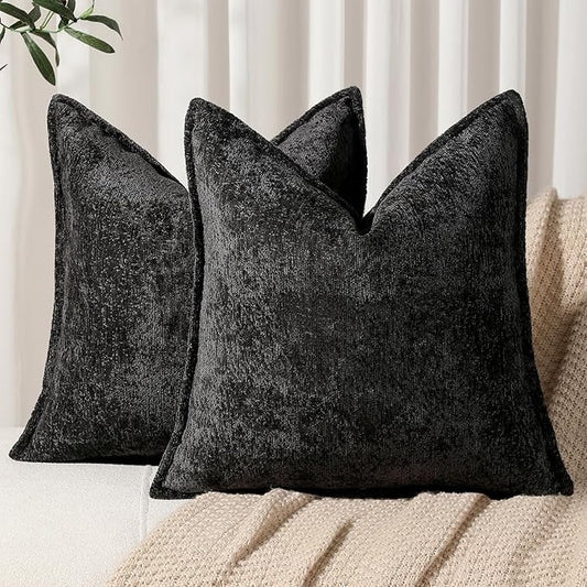 DEZENE Pack of 2 Black Decorative Throw Pillow Covers 24x24 Cozy Soft Chenille Accent Vintage Square Couch Pillow Covers for Home Decor Bed Sofa Living Room