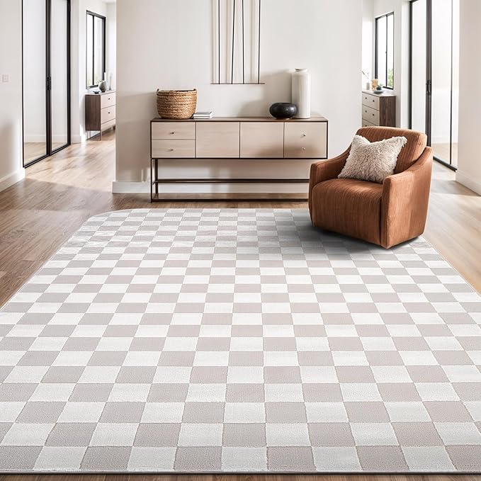 Beverly Rug Modern Geometric Area Rug 5x7 Low-High Pile Durable Soft Abstract Checkered Indoor Rugs for Living Dining Room Office Stain Resistant Non Shedding Casual Indoor Carpet Beige White 5 x 7