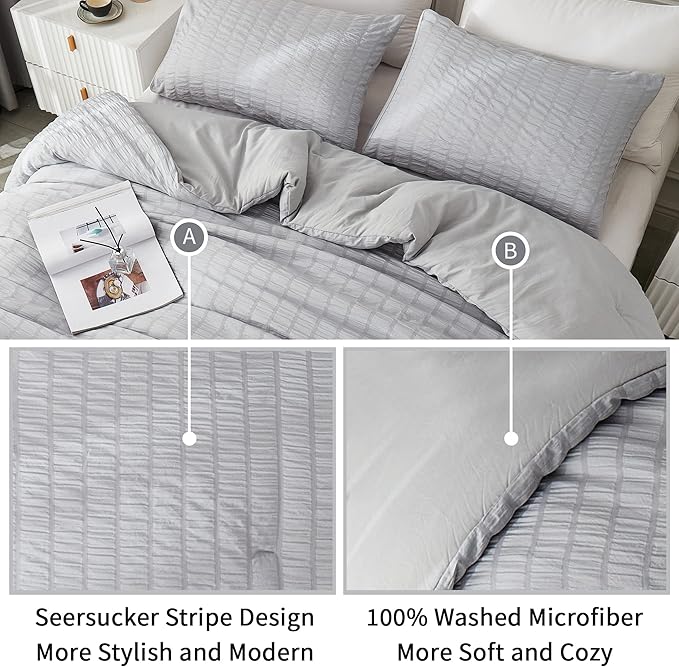 AveLom Light Gray Seersucker Twin/Twin XL Comforter Set (68x90 inches), 2 Pieces-100% Soft Microfiber Lightweight Comforter with 1 Pillowcase, All Season Down Alternative Comforter Set for Bedding