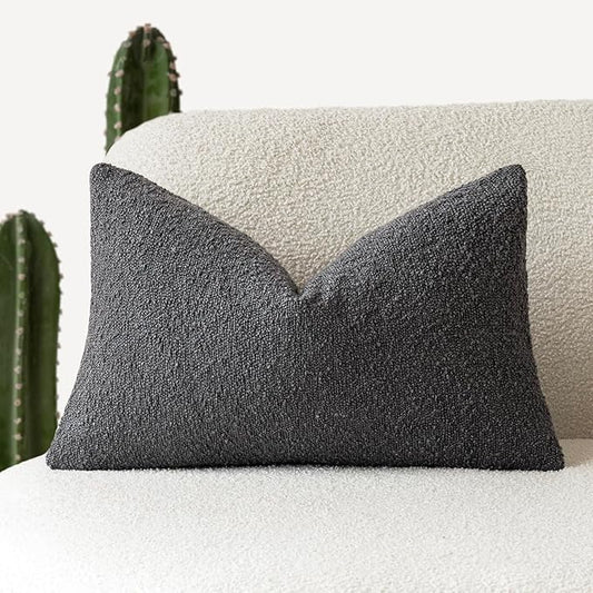 Foindtower Textured Boucle Throw Pillow Covers Accent Solid Lumbar Pillow Cases Cozy Soft Decorative Couch Cushion Case for Chair Sofa Bedroom Living Room Home Decor, 12 x 20 Inch,Dark Grey