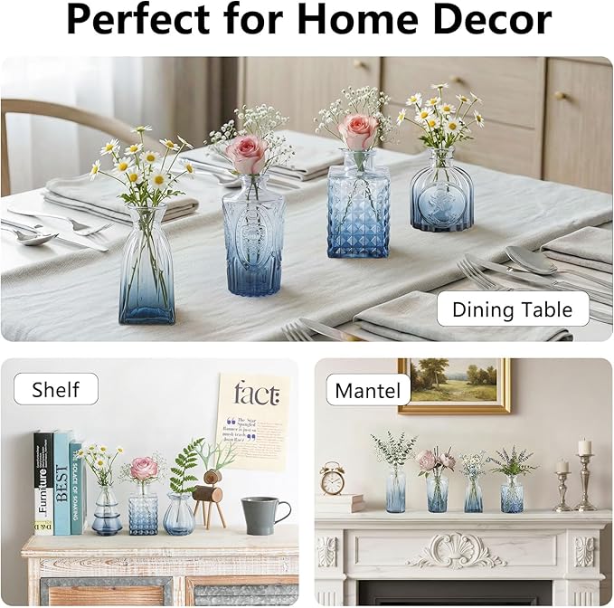 RUCKAE 12 Pack Glass Bud Vases Mini Flower Vase Small Vintage Vases for Centerpiece Table Wedding Decorations Home Decor Party (Gradient Blue)