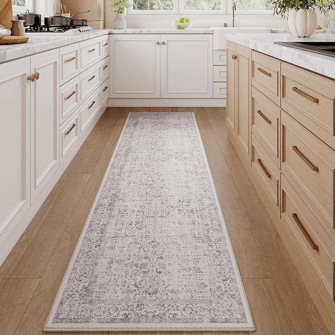 PureCozy Gray Runner Rug 3x10 Hallway Machine Washable Kitchen Vintage Distressed Non Slip Long Carpet Indoor Grey Retro Floral Bedroom Accent Throw Rug for Bathroom Office Laundry Dining Living Room