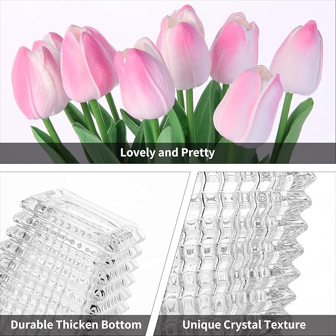 Faux Flowers in Vase, Artificial Pink Tulips Flowers Floral Arrangements with Glass Vase Flower vases with Bouquet for Table Centerpiece, Coffee Table Decor, Home Kitchen, Living Room, Bathroom Decor