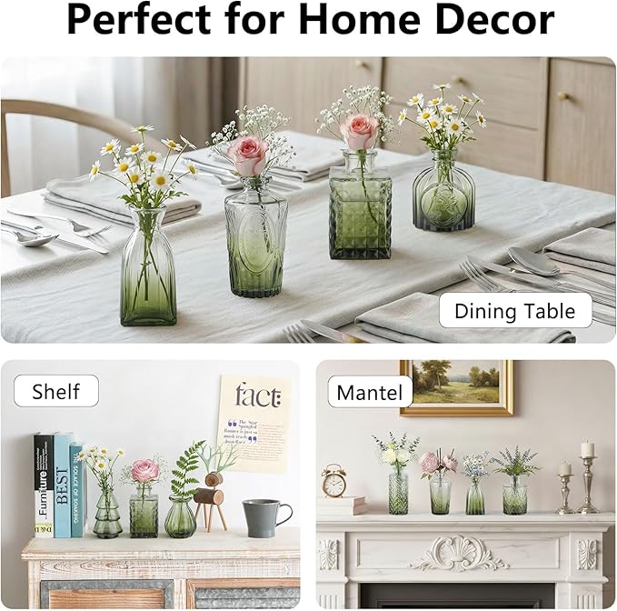 RUCKAE 12 Pack Glass Bud Vases Mini Flower Vase Small Vintage Vases for Centerpiece Table Wedding Decorations Home Decor Party (Gradient Green)