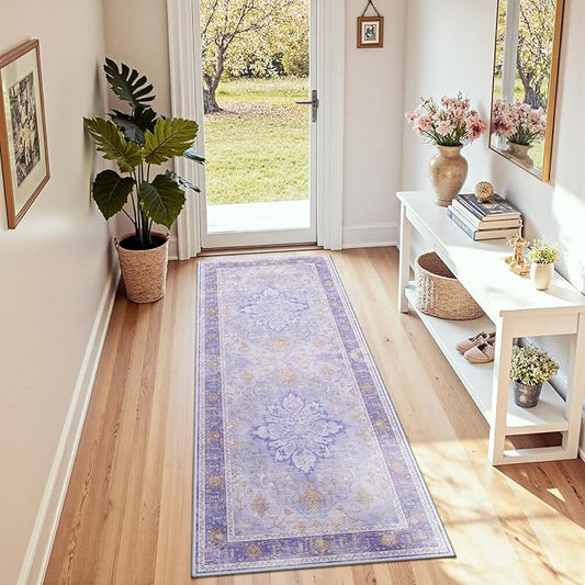 RELEANY Area Rugs 2'x6' Washable Non-Slip, Floral Vintage Distress Print Pattern Medallion Carpet for Living Room Bedroom Dining Room, Light Purple Brown
