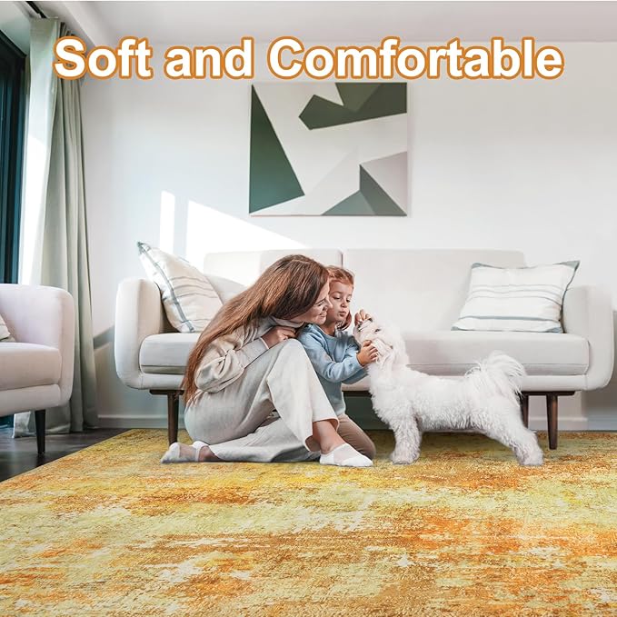 AREAMAY Washable Area Rug 5x7 - Neutral Modern Abstract Rugs, Soft Non Slip Thin Carpet with for Bedroom, Under Dining Room Table, Home, Office, Dorm, Office Rolling Chair - Yellow Brick