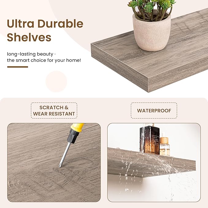 48in Floating Shelves for Wall, 48"W x 9.25"D x 1.25"H, 2 Pack Long Wall Mounted Engineered Wood Shelves with Invisible Brackets for Living Room, Bedroom, Bathroom, Kitchen Decor and Storage, Grey