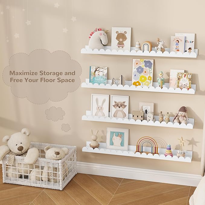 Fun Memories 36 Inch Scalloped Shelf, White Picture Ledge Shelf for Wall, Set of 4, Kids Book Shelves with Floating Design for Kids Rooms, Bedroom