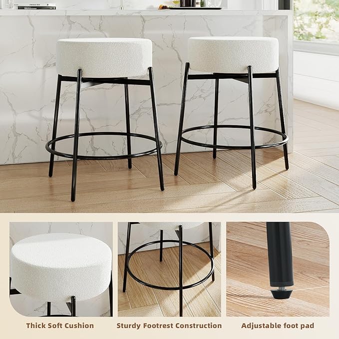 SoarFlash Modern Rotatable Bar Stools Set of 2, 24" Sherpa Swivel Counter Height Stools with Round Soft Padded Boucle Backless Seat, Black