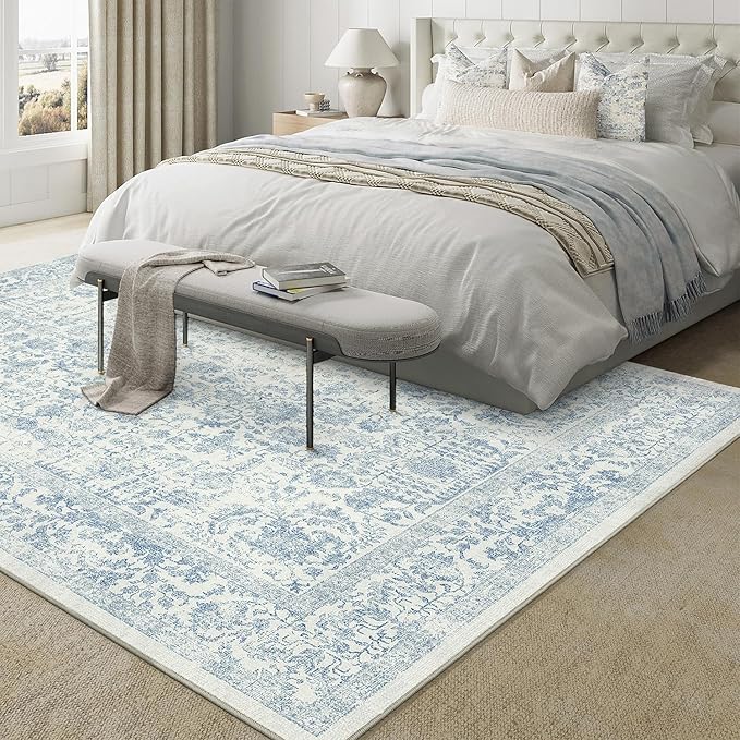 PureCozy Blue Area Rug 6x9 Machine Washable Vintage Living Room Distressed Non Slip Carpet Traditional Indoor Bedroom Retro Floral Accent Throw Large Rug for Office Kitchen Dining Room