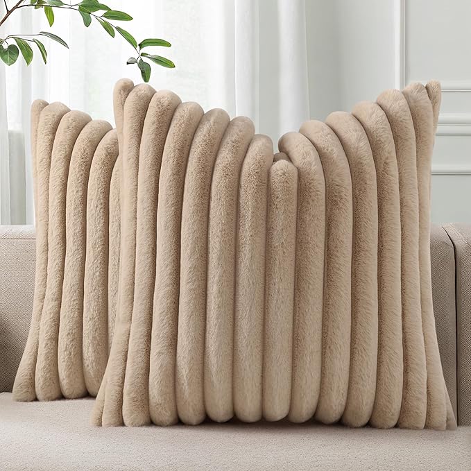 Pallene Faux Fur Plush Throw Pillow Covers 26x26 Set of 2, Luxury Soft Fluffy Striped Decorative Pillow Covers for Sofa, Couch, Living Room, Khaki